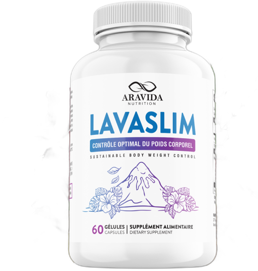 Flacon LavaSlim entouré des plantes et fruits utilisés dans sa formule : hibiscus, moringa, gingembre, agrumes